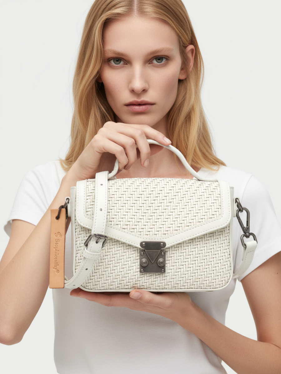 Tondo Crossbody Bag in Ivory Woven Leather 