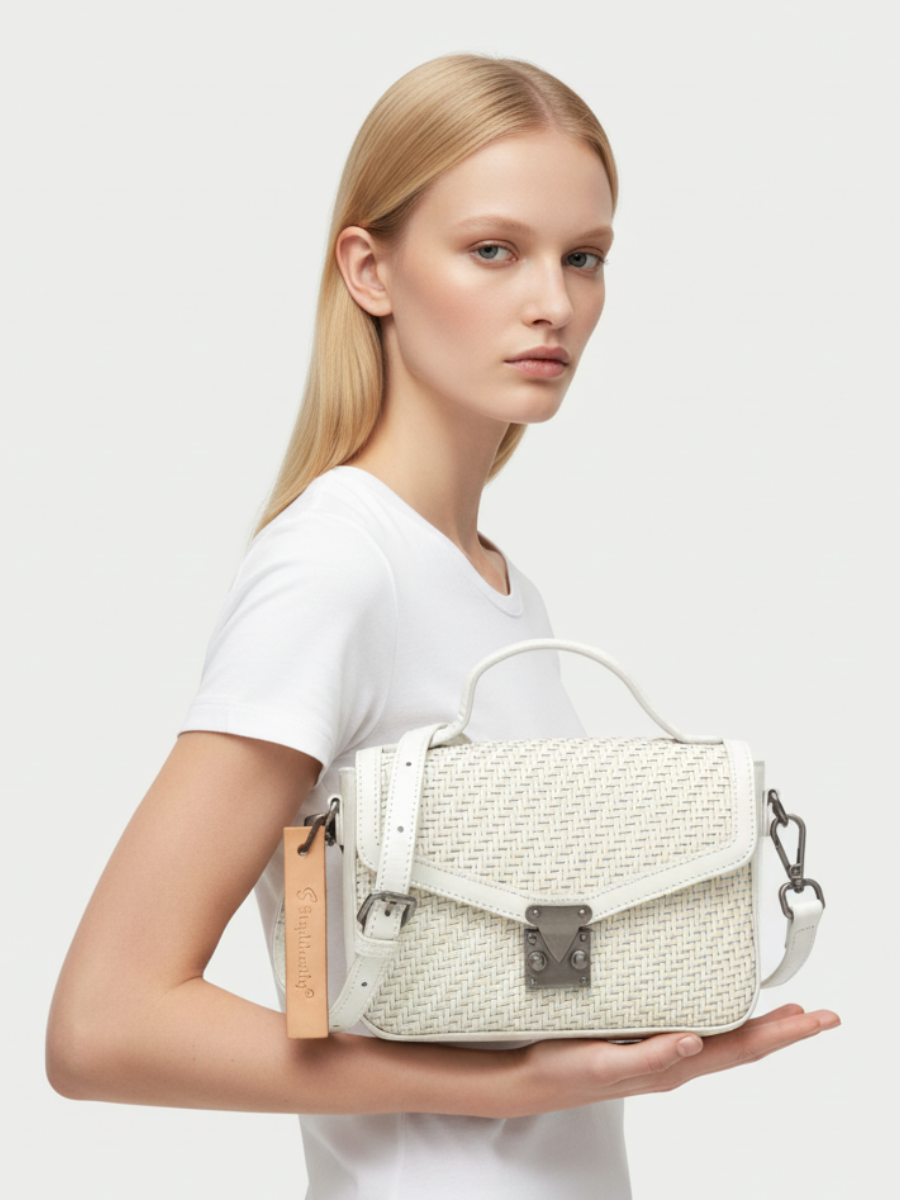 Tondo Crossbody Bag in Ivory Woven Leather 