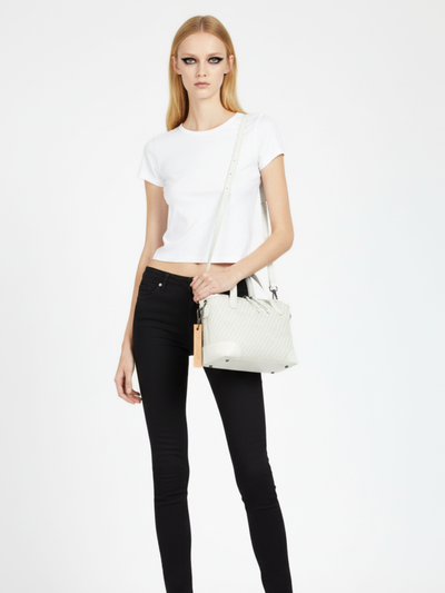 Medium Tondo Crossbody Bag in Woven Ivory Leather 