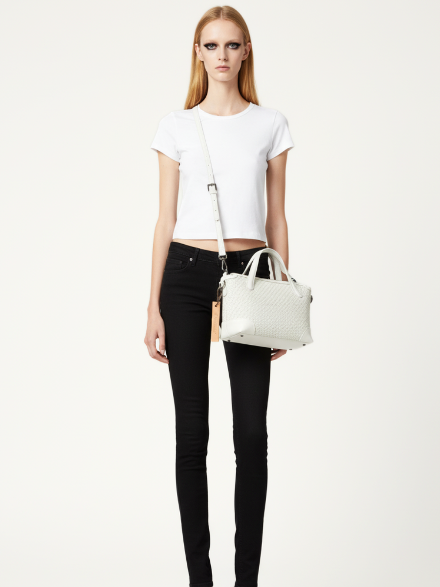 Medium Tondo Crossbody Bag in Woven Ivory Leather 