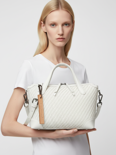 Medium Tondo Crossbody Bag in Woven Ivory Leather 