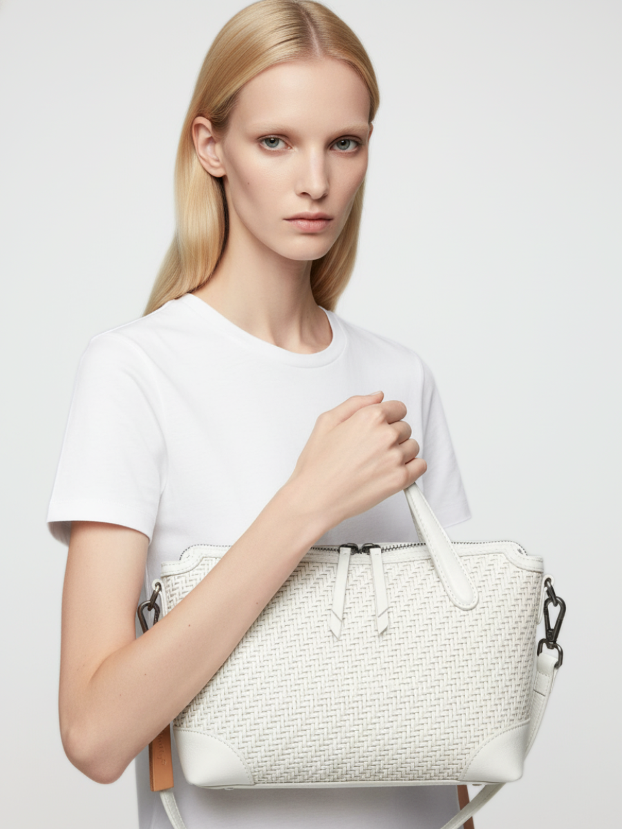 Medium Tondo Crossbody Bag in Woven Ivory Leather 