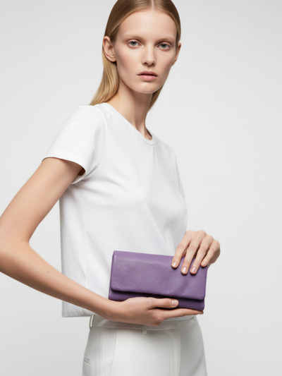 Medium Top Flap Clutch in Violet Leather 