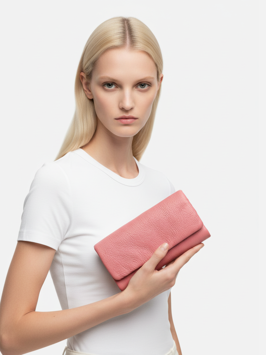 Medium Top Flap Clutch in Pink Canva Leather 