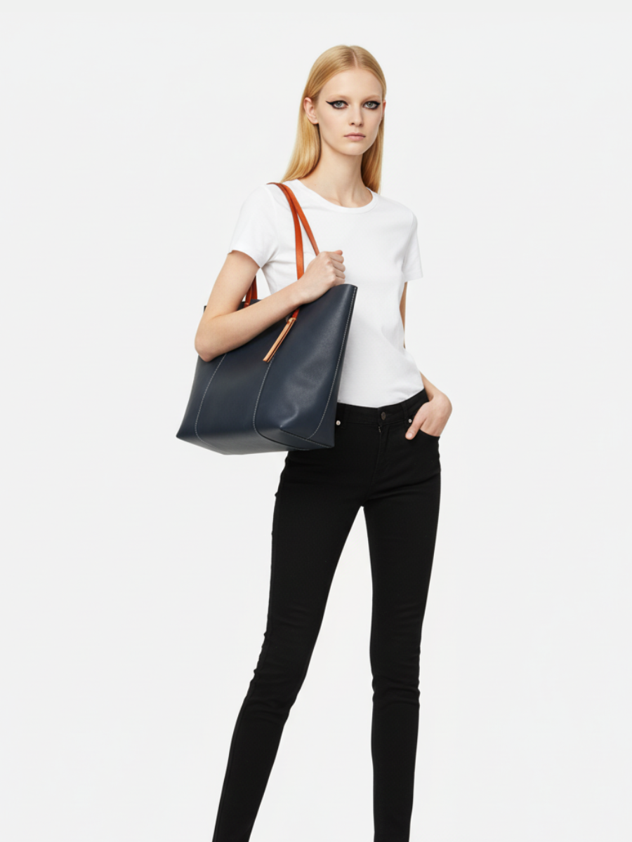 Tote Bag Grande Drippy em Couro Navy