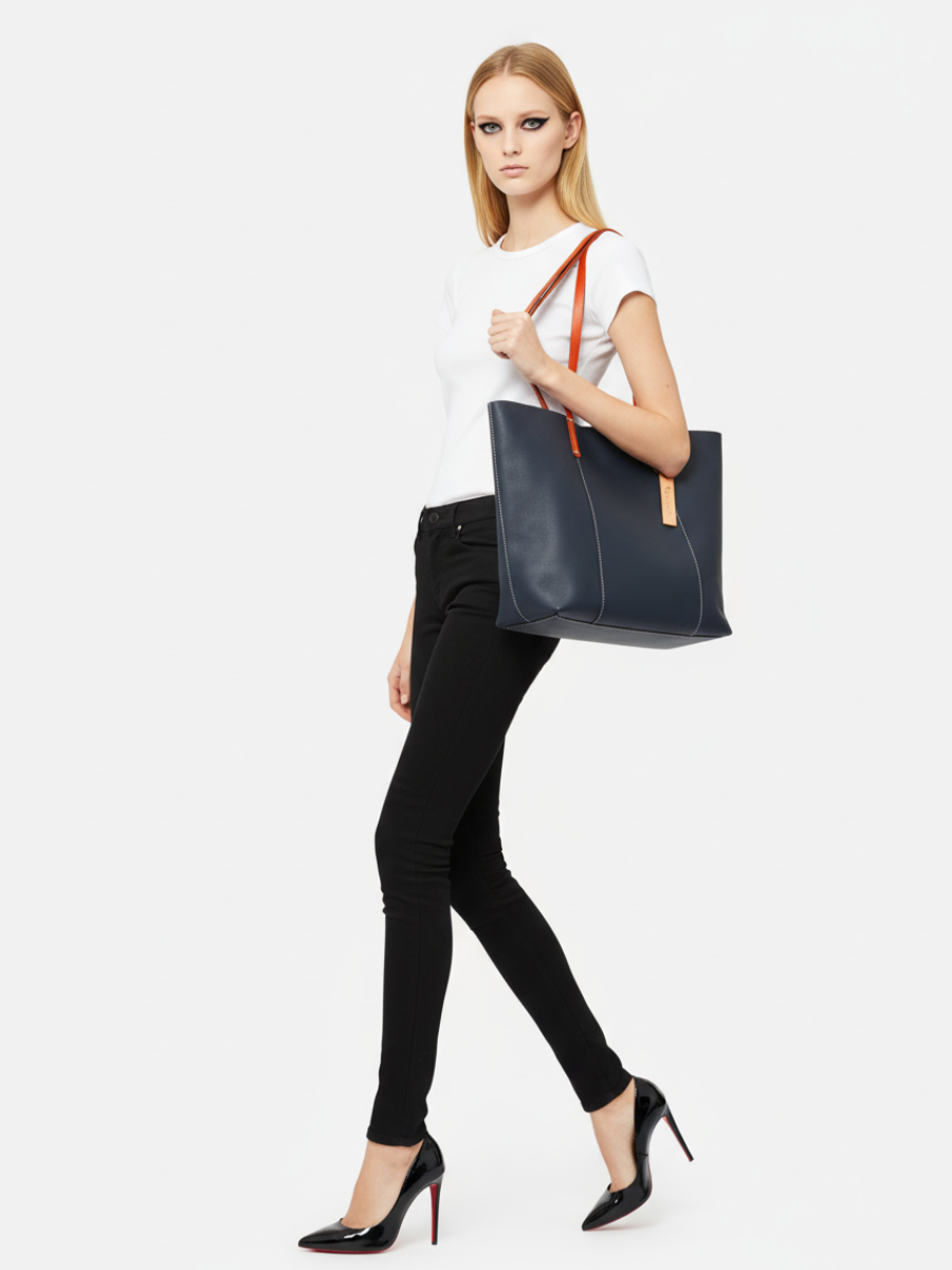 Tote Bag Grande Drippy em Couro Navy
