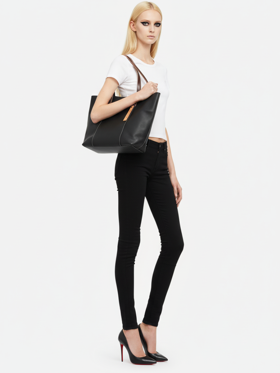 Tote Bag Grande Drippy em Couro Canva Black