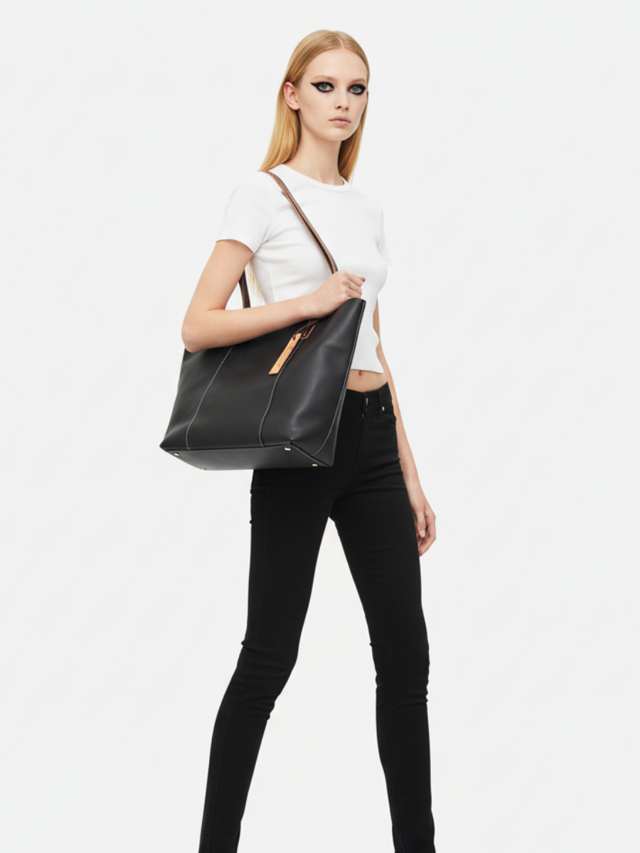 Tote Bag Grande Drippy em Couro Canva Black