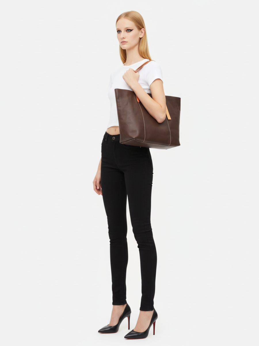 Tote Bag Grande Drippy em Couro Chocolate