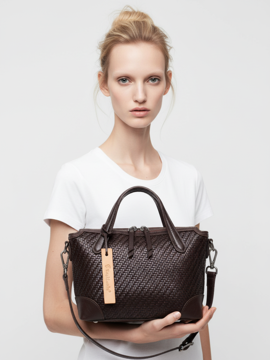 Medium Tondo Crossbody Bag in Coffee Weaved Leather 