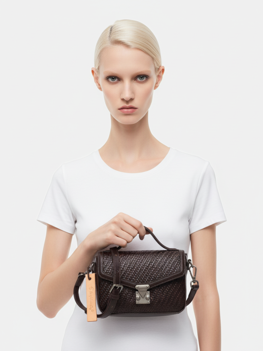 Tondo Crossbody Bag in Coffee Weaved Leather 