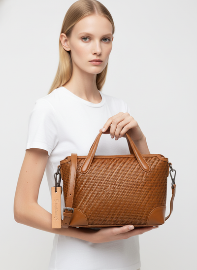 Tondo Medium Crossbody Bag in Brown Mink Woven Leather 